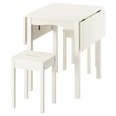 Compacte witte HAUGA uitklapbare eethoek met kruk. Ruimtebesparend ontwerp, stevige houtconstructie.