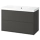 HAVBÄCK grijs aan de muur gemonteerde badkamermeubel met witte wastafel.