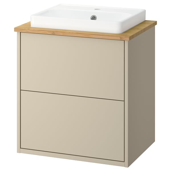 Havbaeck kaptafel: beige, bamboe bovenplaat, keramische wastafel, wandbehanger.