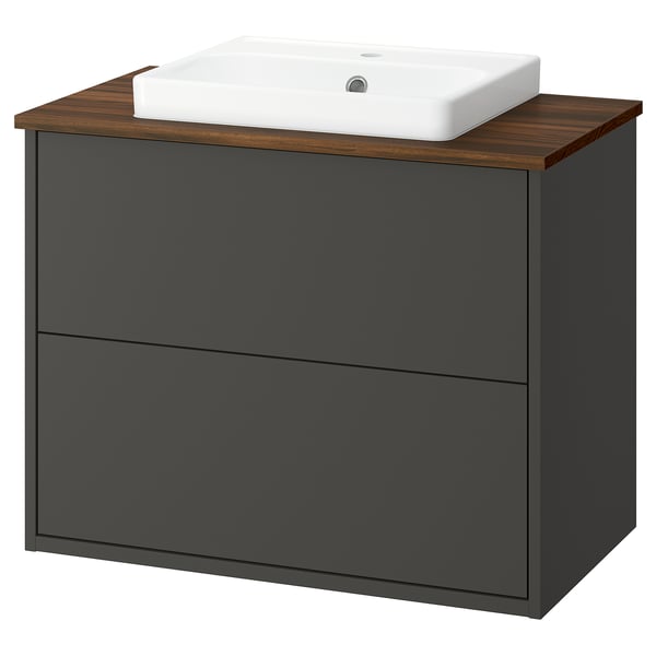 Donkergrijs en houten badkamermeubel met wastafel, modern ontwerp.