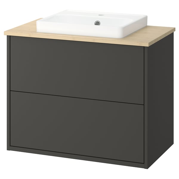Havbaëck donkergrijs houten wastafelmeubel met lade, licht houten aanrechtblad, witte gootsteen.