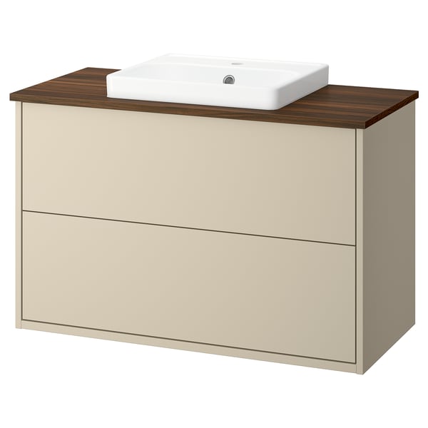 Havbaeck kaptafel in beige en hout. Lades, keramische wastafel, strak ontwerp.