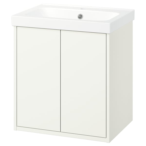 Een witte HAVBÄCK-wastafel met een rechthoekige wastafel bovenop, met strakke, rechttoe rechtaan ontwerplijnen en opbergruimte eronder.