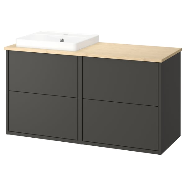 Moderne badkamermeubel, donkergrijs, houten blad, rechthoekige wastafel, eenvoudig ontwerp.
