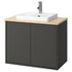HAVBÄCK spoelbak: donkergrijs met licht houten blad, modern design, wandhouder, witte wastafel.