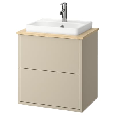 HAVBÄCK beige badkamermeubel, wandmontage met witte keramische wastafel, minimalistisch design.