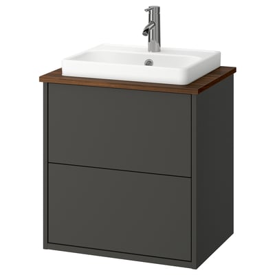 HAVBÄCK donkergrijze badkamermeubel met houten blad, witte wastafel, modern design.