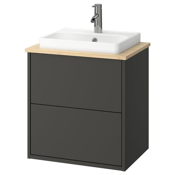 HAVBÄCK badkamermeubel, grijs en bamboe, modern minimalistisch design.