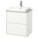 HAVBÄCK witte badkamermeubel voor wandmontage, modern design met één lade en rechthoekige wastafel, inclusief kraan.