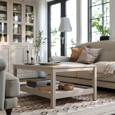 Moderne woonkamer met lichtgekleurde houten salontafel, bank met kussens, vloerkleed met patroon, potplanten, boeken en een lamp.