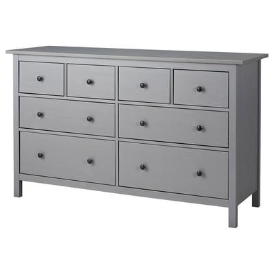 Grijze HEMNES ladekast, zes lades, houten, rechthoekig.