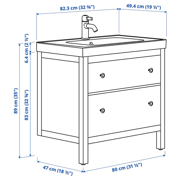 HEMNES / ORRSJÖN Wastafel+lades/wasbak, wit, 82x49x89 cm