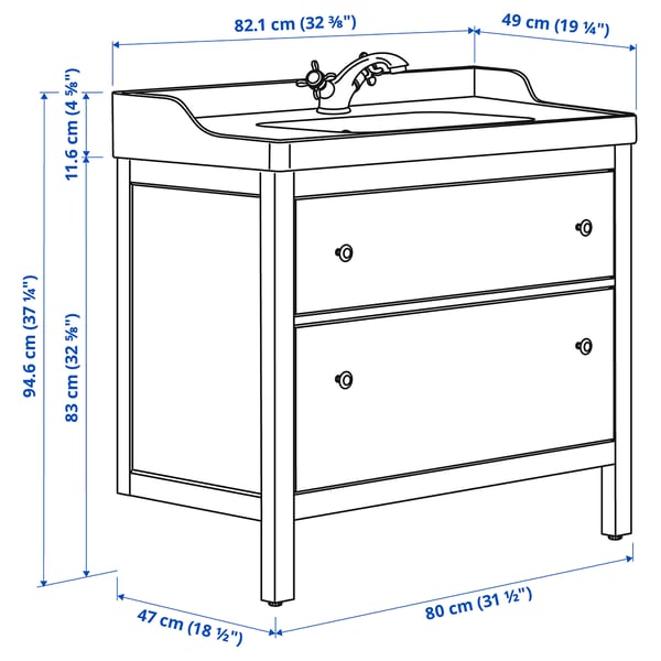 HEMNES / RUTSJÖN Wastafel+lades/wasbak, wit, 82x49x95 cm
