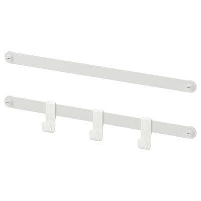 Twee witte HJÄLPA railorganizers met haken. De ene rail heeft drie haken, de andere is leeg.