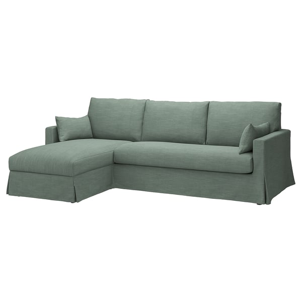 HYLTARP sectionele bank, groen, zachte stof, l-vorm met opbergruimte.
