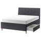 Modern grijs gestoffeerd bed met schuin hoofdeinde, houten poten en opberglades voor compacte ruimtes, IDANÄS-serie.