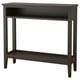 Optie: Een donkerhouten IDANÄS consoletafel met een rechthoekig blad, centrale open opbergruimte en een onderste plank. Elegant en functioneel voor smalle ruimtes.