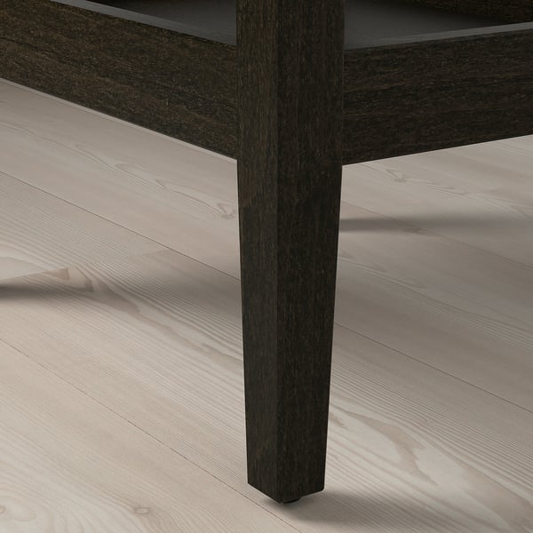 Moderne houten bijzettafel, donkere afwerking, kwaliteitsvakmanschap, opslag & display.