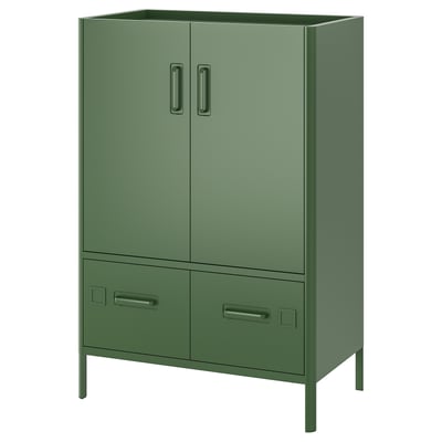 Een olijfgroene IDÅSEN metalen opbergkast met twee deuren en twee lades, met een modern design.