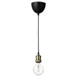 Jallby hanglamp: zwart textielsnoer, messing fitting, lamp met zichtbare gloeidraad.