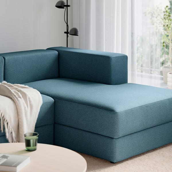 JÄTTEBO 3,5-zitsbank met chaise longue, met armsteun Axvall/donker grijsblauw