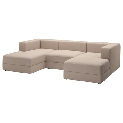Modulaire sectionele bank, l-vorm, beige corduroy, kussens, opbergruimte.