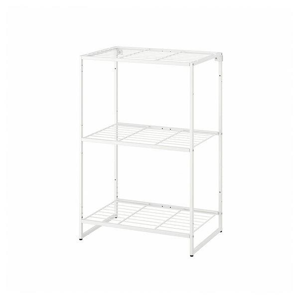 Een witte JOSTEIN opbergplank, drielaags, gemaakt van staal, met een eenvoudig en duurzaam ontwerp.