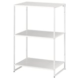 Een ikea JOSTEIN wit metalen kast met drie planken. Het is vierkant, duurzaam en geschikt voor zowel binnen- als buitengebruik.