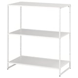 Een JOSTEIN wit metalen opbergplank met drie lege legplanken. Het is ontworpen voor binnen- en buitengebruik, gemaakt van duurzaam staal.