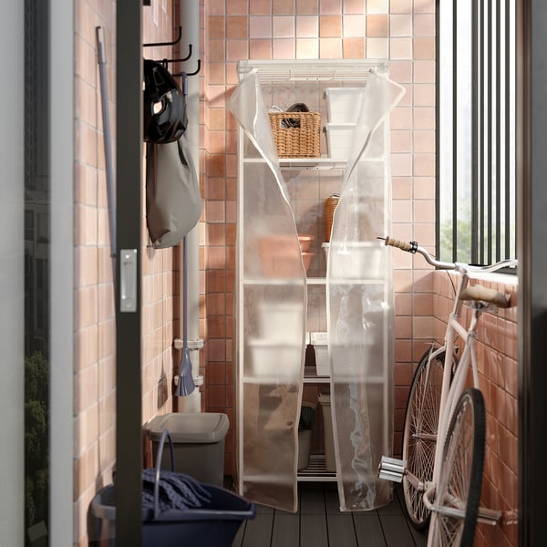 Opbergmeubel balkon: JOSTEIN, wit, metaal, planken, transparante afdekking, organiseert kleine ruimtes.