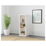Grijs ommuurde kamer met KALLAX witte rekkenkast, met vazen en plant. Lange groene plant ernaast. Ingelijste kunst aan de muur in de buurt.