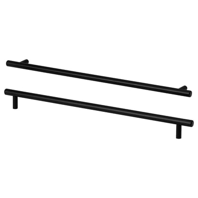 Zwarte KALLRÖR kastgrepen, strak en minimalistisch, gemaakt van roestvrij staal en polyethyleen, twee spijlen met T-vormige uiteinden.