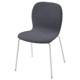 Donkergrijze stoffen stoel met vier witte metalen poten, strak & modern, polyester & staal.