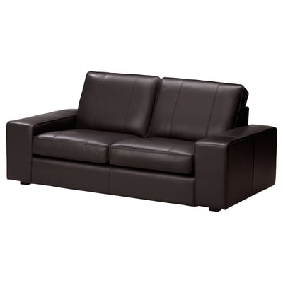 Donkerbruine lederen KIVIK bank, rechthoekig, lage armen, comfortabel, modern design.