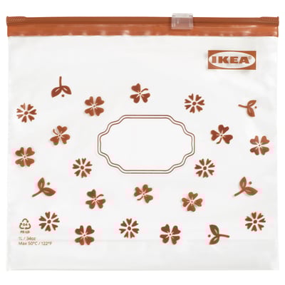 Ikea KÖSSEBÄR hersluitbaar zakje, helder met bruin bloemmotief. Vierkante vorm, ritssluiting aan de bovenkant, gebruikt voor voedselopslag.