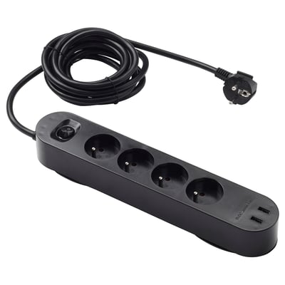 KOPPLA zwarte overspanningsbeveiliging: 4 stopcontacten, 2 usb, polycarbonaat
