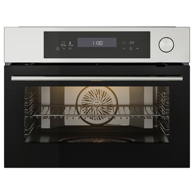 Ingebouwde roestvrijstalen oven, zwarte bediening, digitaal om 11:30, stoomkoken & meerdere warmtefuncties.