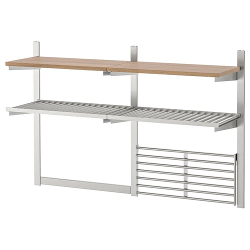 KUNGSFORS wandopslag: 3 planken, roestvrij staal & hout, rechthoekig, modern ontwerp.