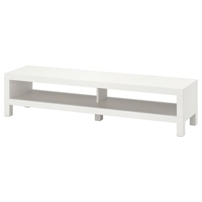 Het LACK tv-meubel is wit, rechthoekig en minimalistisch met een eenvoudig ontwerp. Het is een enkele open plank voor opslag en eenvoudig draadbeheer.
