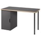 Modern grijs bureau met houten rand, grijze kast, metalen poten.