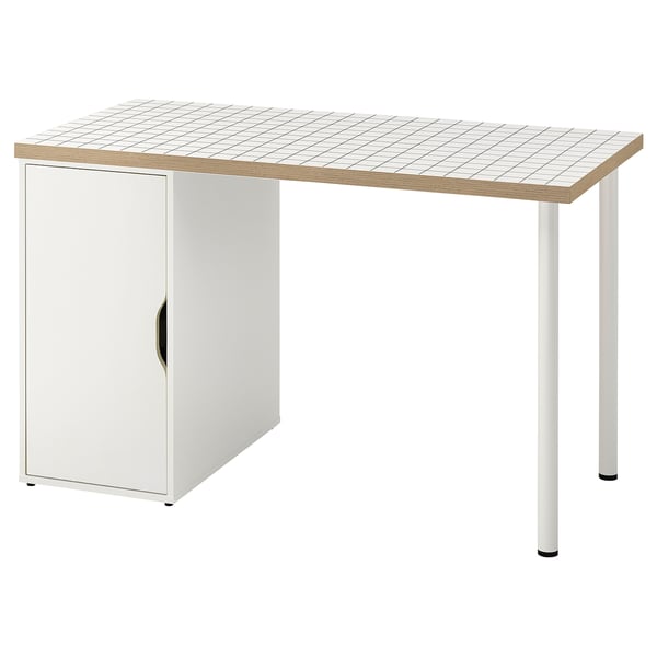 Een wit LAGKAPTEN bureau met een honingraat tafelblad en een opbergmeubel. Het heeft een minimalistisch ontwerp met een enkele deur en wordt ondersteund door vier poten.