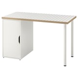 Een wit LAGKAPTEN bureau met een honingraat tafelblad en een opbergmeubel. Het heeft een minimalistisch ontwerp met een enkele deur en wordt ondersteund door vier poten.