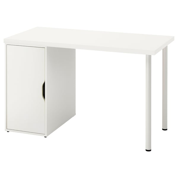 Een wit LAGKAPTEN bureau met een strak design en een kast om spullen in op te bergen. Goed voor het organiseren van documenten.