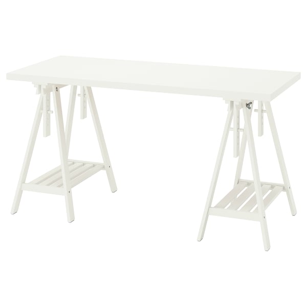 Stelt een witte LAGKAPTEN-tafel voor met een rechthoekig blad en verstelbare schragen.