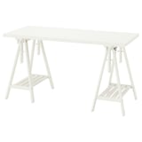Stelt een witte LAGKAPTEN-tafel voor met een rechthoekig blad en verstelbare schragen.