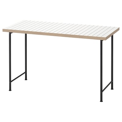 LAGKAPTEN tafel, grijs met wit patroon, metalen poten. Modern, rechthoekig ontwerp.