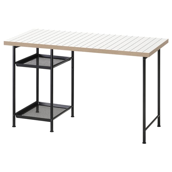LAGKAPTEN bureau, rechthoekig, wit blad, zwarte metalen poten, gaasplanken.
