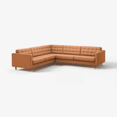 Bruin leren hoekbank, met een getufte rugleuning, L-vorm, mid-century modern ontwerp.
