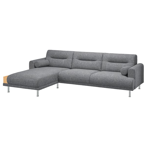 Moderne LÅNGARYD sectionele bank, grijze tweed, zachte ronde vormen, chromen poten.