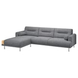 Moderne LÅNGARYD sectionele bank, grijze tweed, zachte ronde vormen, chromen poten.